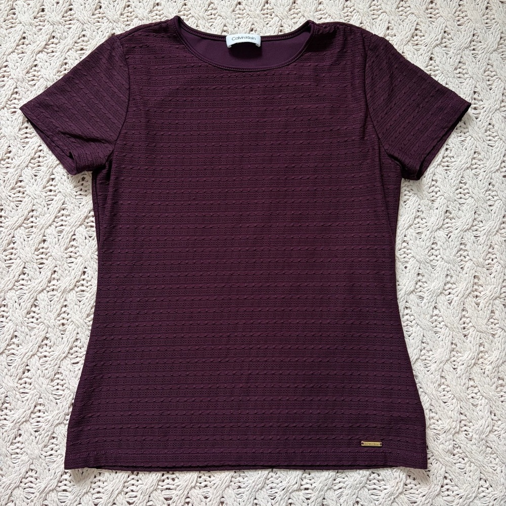 Calvin Klein Plum Textured Short Sleeve Top - Elegant Short Sleeve Blouse